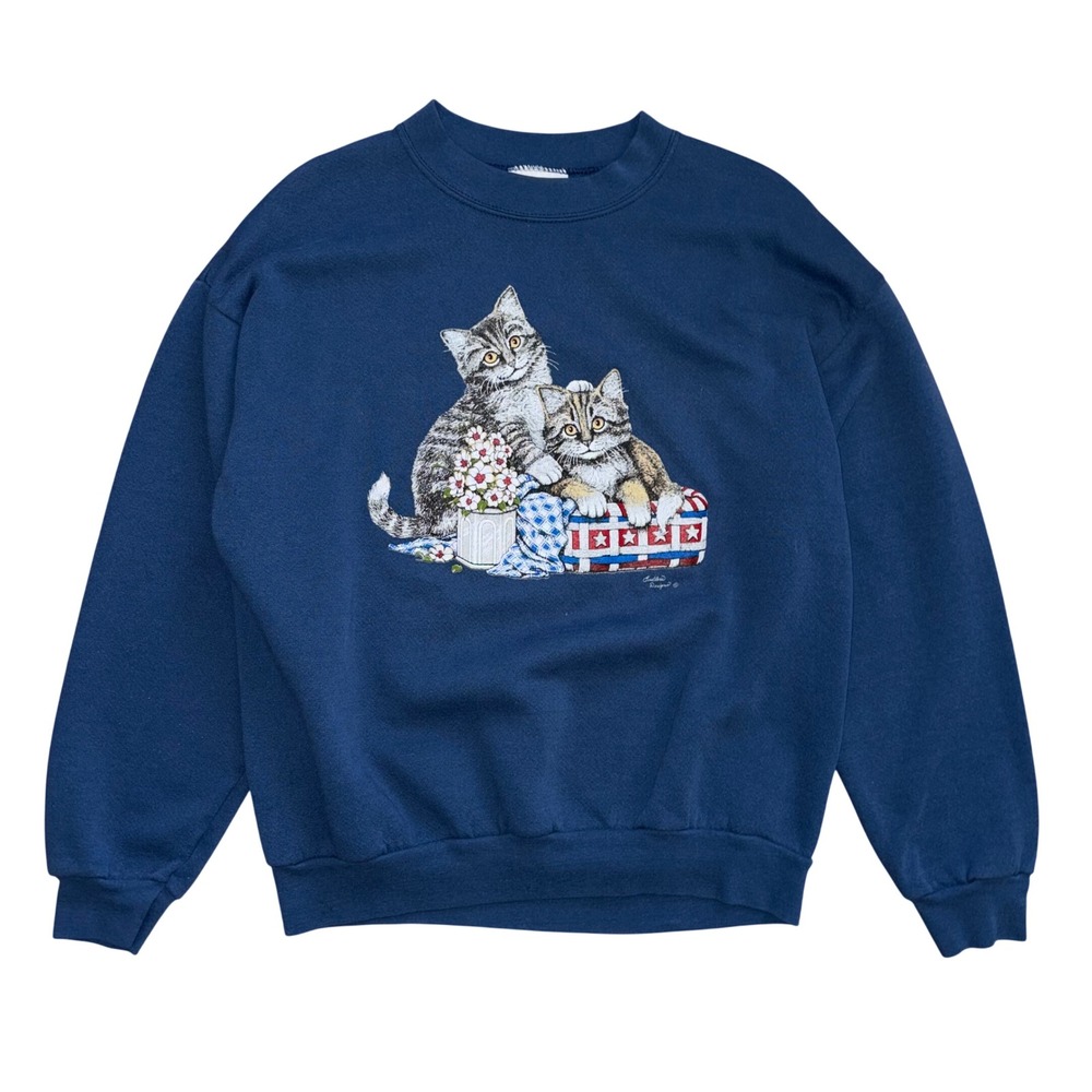 Endless Designs Mens Navy Blue Kitten Cat Patriotic Basket Sweatshirt Large